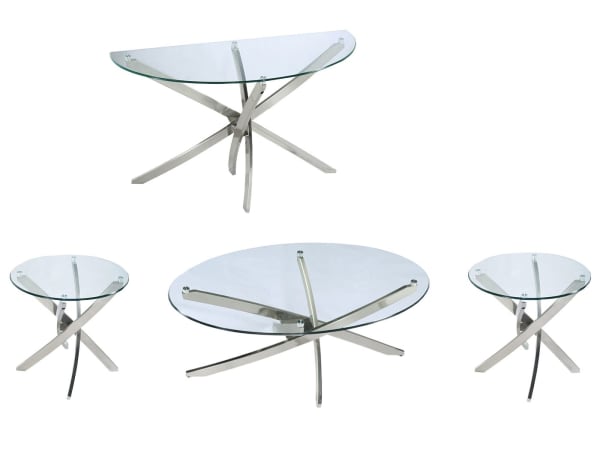 Zila - Oval Cocktail Table With 2 End Tables And Demilune Sofa Table - Brushed Nickel