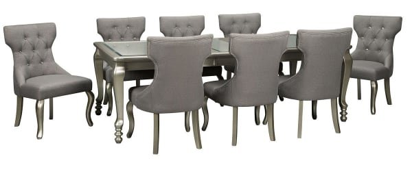 Coralayne - Silver Finish/Silver/White - 9 Pc. - Rectangular Dining Room Extension Table, 8 Upholstered Side Chairs