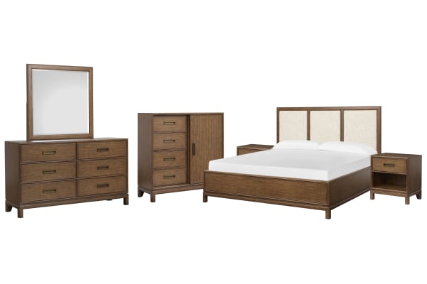 Ridgefield - King Upholstered Panel Bed, 2 Open Nightstands, Double Drawer Dresser With Landscape Mirror And Door Chest - Russet / Beige