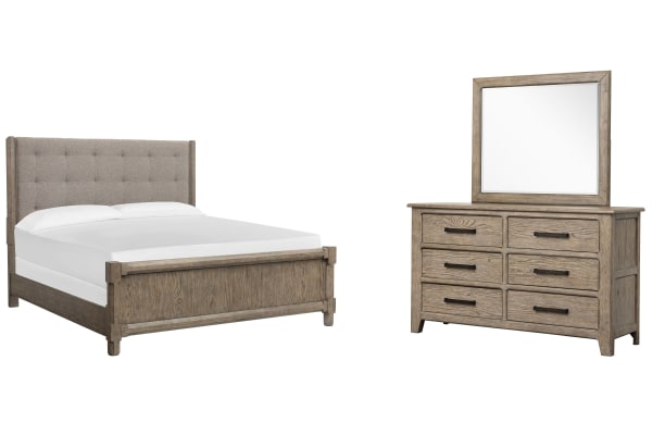 Claremont - California King Upholstered Panel Bed And Drawer Dresser With Landscape Mirror - Smokey Taupe