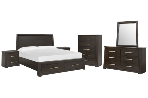 Tauren - King Panel Storage Bed, 2 Nightstands, Double Drawer Dresser With Shaped Mirror And Drawer Chest - Coffee Bean