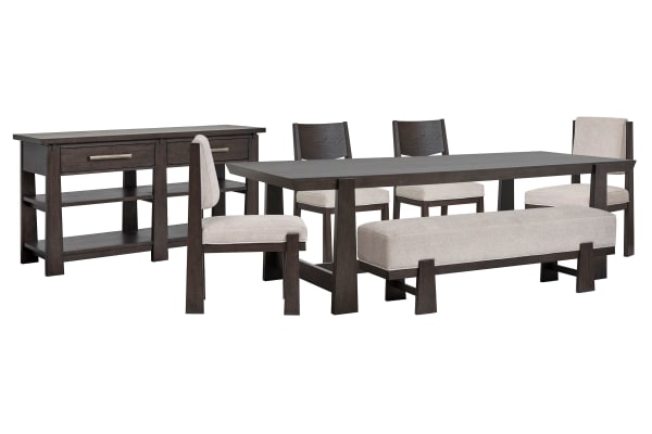 Tauren - Trestle Dining Table With 2 Side Chairs, 2 Upholstered Side Chairs, Bench And Sideboard - Coffee Bean / Beige
