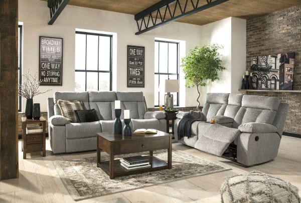 Mitchiner - Fog - 5 Pc. - Reclining Sofa with Drop Down Table, Double Reclining Loveseat with Console, Marion Lift Top Cocktail Table, End Table, Chair Side End Table