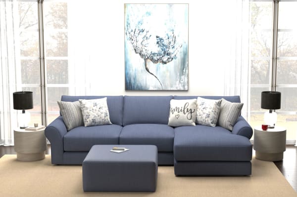 Cape May - 2 Piece Sofa Chaise With Comfort Coil Seating, 41" Cocktail Ottoman And 5 Accent Pillows Included (RSF Chaise) - Denim