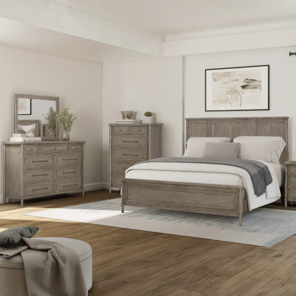 Rochelle Park - 4 Piece Bedroom Set (Queen Panel Bed, Dresser & Mirror, Chest) - Smokey Taupe