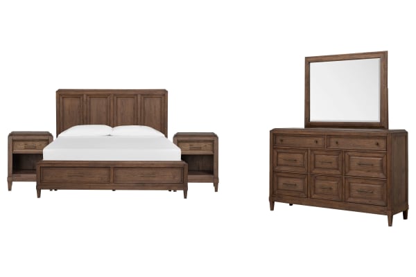 Groveland Park - King Panel Storage Bed, 2 Open Nightstands And Drawer Dresser With Square Mirror - Antique Coffee