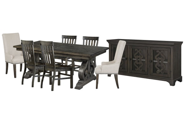 Bellamy - Extendable Rectangular Dining Table With 4 Side Chairs, 2 Host Chairs And Server - Peppercorn / Beige
