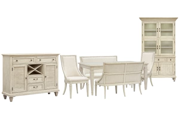 Newport - Extendable Rectangular Dining Table With 2 Upholstered Benches, 2 Arm Chairs, Server And Dining Cabinet - Alabaster