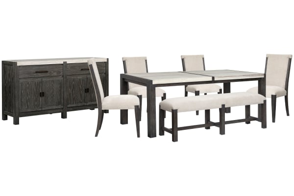 Plum Creek - Rectangular Dining Table With 4 Upholstered Side Chairs, Bench And Sideboard - Ravenwood Black / White