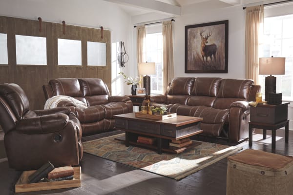 Rackingburg - Mahogany - 6 Pc. - Reclining Sofa, Reclining Loveseat, Rocker Recliner, Stanah Lift Top Cocktail Table, End Table, Chair Side End Table