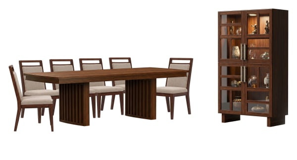 Reena - Extendable Trestle Dining Table With 6 Side Chairs And Display Cabinet - Rich Brown / Beige