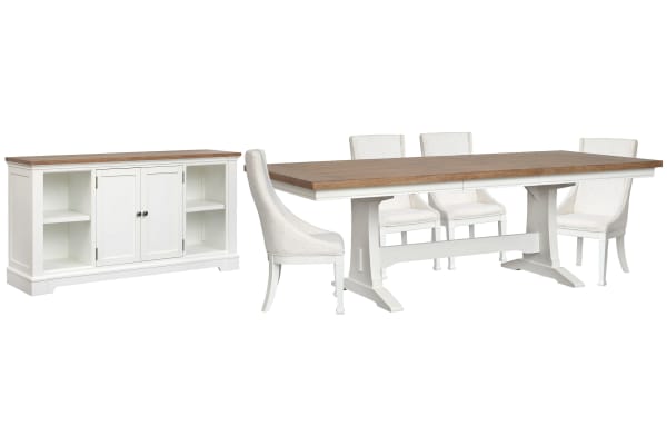 Kingston - Extendable Trestle Dining Table With 4 Host Chairs And Credenza - Whisper White And Cerused Nutmeg