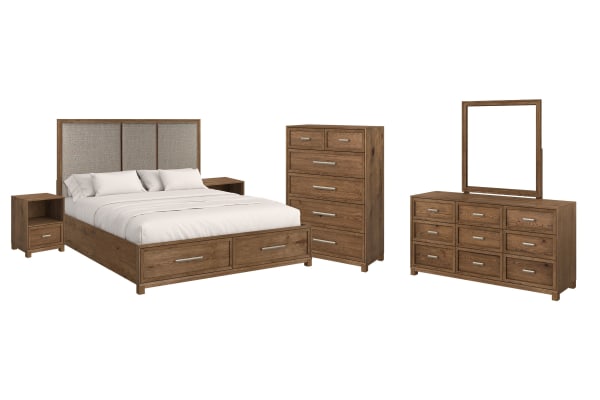 Laurel Ridge - King Upholstered Panel Storage Bed, 2 Nightstands, Drawer Dresser With Portrait Mirror And Drawer Chest - Brown / Gray