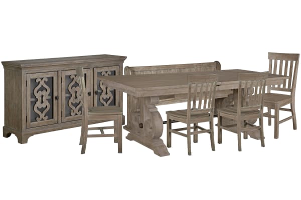 Tinley Park - Extendable Rectangular Dining Table With 4 Side Chairs, Bench And Server - Dove Tail Gray