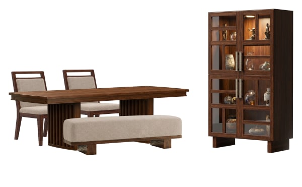 Reena - Extendable Trestle Dining Table With 2 Side Chairs, Bench And Display Cabinet - Rich Brown / Beige