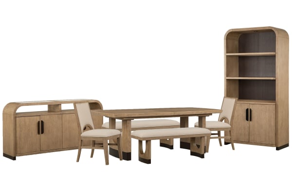 Tristan - Extendable Trestle Dining Table With 2 Benches, 2 Side Chairs, Sideboard And Dining Cabinet - Swiss Coffee / Beige