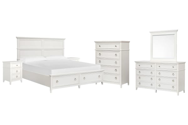 Juniper Hill - King Panel Storage Bed, 2 Telephone Tables, Double Drawer Dresser With Landscape Mirror And Drawer Chest - Whisper White