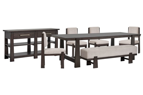 Tauren - Trestle Dining Table With 4 Upholstered Side Chairs, Bench And Sideboard - Coffee Bean / Beige