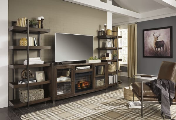 Starmore - Brown / Gunmetal - 4 Pc. - Entertainment Center - 70" TV Stand With Faux Firebrick Fireplace Insert
