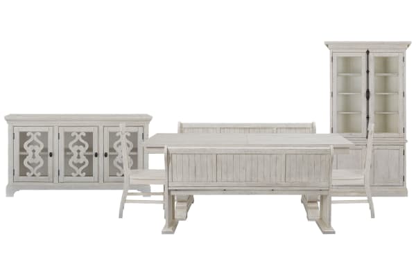 Bronwyn - Extendable Rectangular Dining Table With 2 Benches, 2 Side Chairs, Server And Dining Cabinet - Alabaster