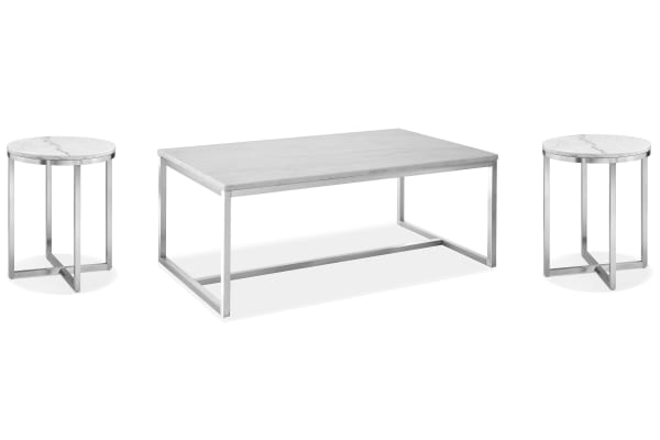Esme - Rectangular Cocktail Table With 2 Round End Tables - White Marble And Brushed Nickel