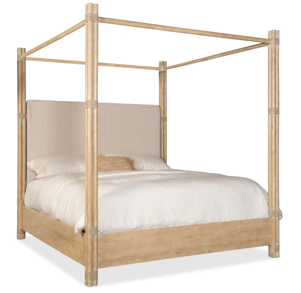 Retreat - Pole Rattan King Upholstered Poster Bed With Canopy - Beige