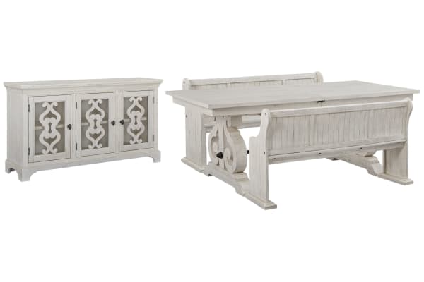Bronwyn - Extendable Rectangular Dining Table With 2 Benches And Server - Alabaster