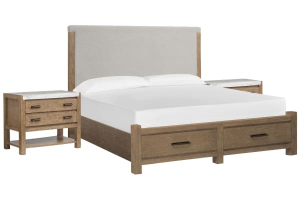Plum Creek - King Upholstered Panel Storage Bed With 2 Open Nightstands - Sierra Brown / White