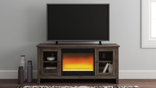 Arlenbry - Gray - LG TV Stand With Glass/Stone Fireplace Insert