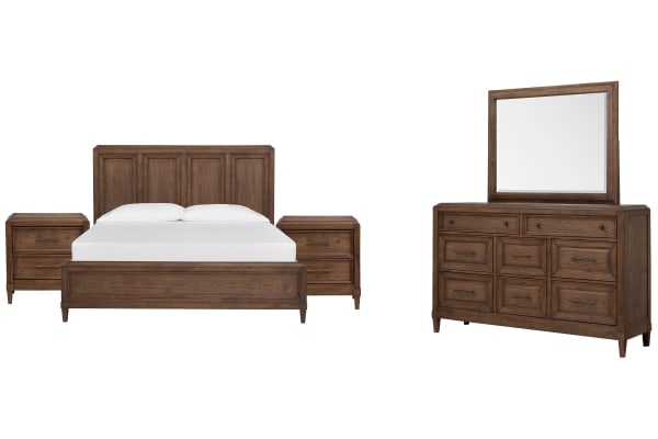 Groveland Park - King Panel Bed, 2 Nightstands And Drawer Dresser With Square Mirror - Antique Coffee