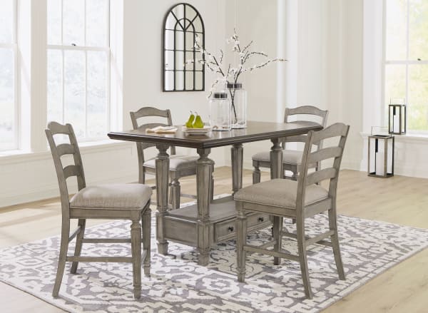 Lodenbay - Antique Gray - 5 Pc. - Rectangular Dining Room Counter Table, 4 Upholstered Barstools