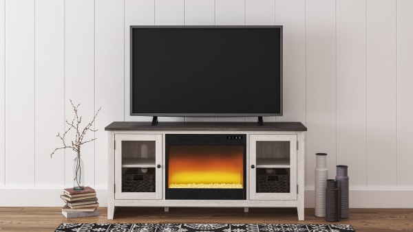 Dorrinson - White / Black / Gray - 60" TV Stand With Fireplace Insert Glass/Stone