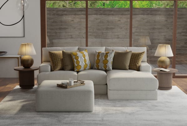 Tori - 2 Piece Sofa Chaise With Comfort Coil Seating, 40" Cocktail Ottoman And 5 Accent Pillows Included (Right Side Facing Chaise) - Birch