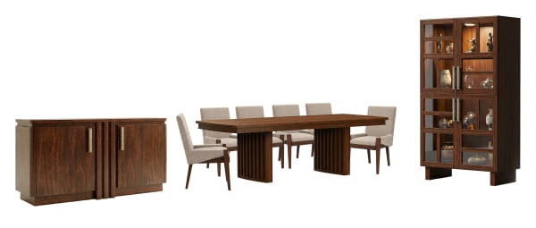 Reena - Extendable Trestle Dining Table With 6 Host Chairs, Sideboard And Display Cabinet - Rich Brown / Beige