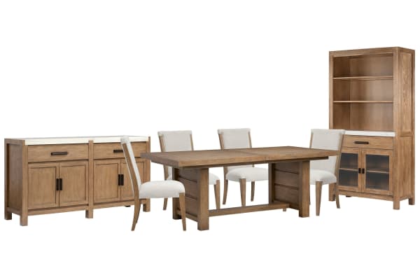Plum Creek - Extendable Trestle Dining Table With 4 Upholstered Side Chairs, Server And Display Cabinet - Sierra Brown