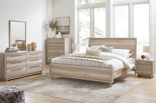 Hasbrick - Tan - 9 Pc. - Dresser, Mirror, Chest, King Panel Bed With Framed Panel Footboard, 2 Nightstands