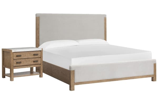 Plum Creek - California King Upholstered Panel Bed With Open Nightstand - Sierra Brown / White