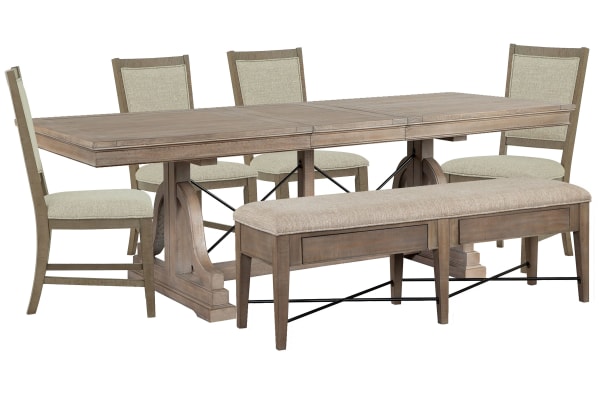 Paxton Place - Extendable Trestle Dining Table With 4 Step Upholstered Side Chairs And Upholstered Bench - Dovetail Gray