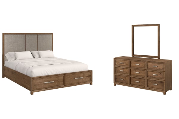 Laurel Ridge - King Upholstered Panel Storage Bed And Drawer Dresser With Portrait Mirror - Brown / Gray