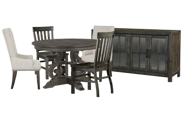 Bellamy - 48" Round Dining Table With 2 Side Chairs, 2 Host Chairs And Buffet - Peppercorn / Beige