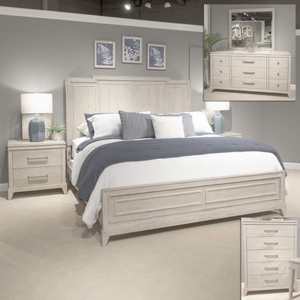 New Haven - 5 Piece Bedroom Set (King Panel Bed, Dresser & Mirror, Chest, Night Stand) - White