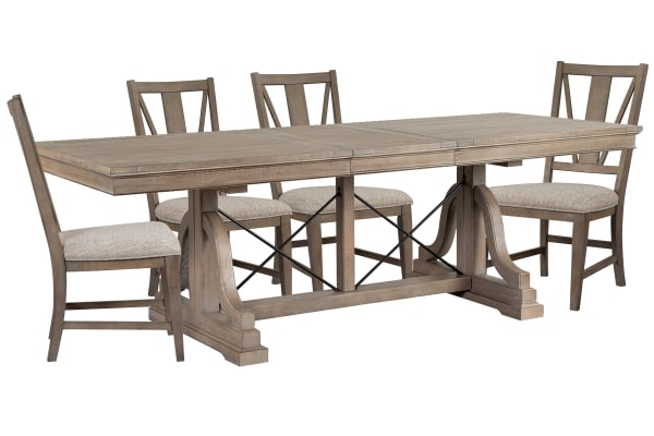 Paxton Place - Extendable Trestle Dining Table With 4 Side Chairs - Dovetail Gray