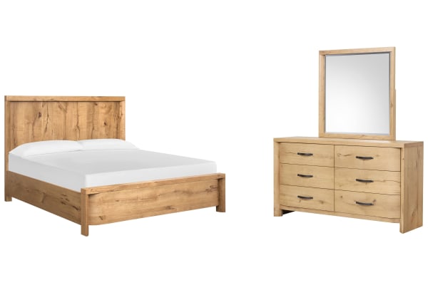 Laramie - King Panel Bed And Double Drawer Dresser With Landscape Mirror - Honey Wheat