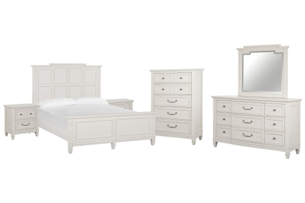 Willowbrook - Queen Panel Bed, 2 Nightstands, Drawer Dresser With Landscape Mirror And Drawer Chest - Egg Shell White