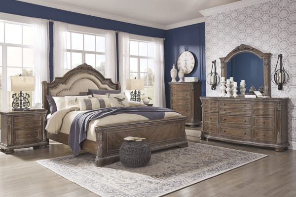 Charmond - Brown - 6 Pc. - Dresser, Mirror, Chest, California King Upholstered Sleigh Bed