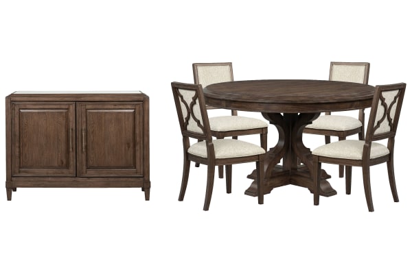 Jubilee - 54" Round Dining Table With 4 Side Chairs And Bar Cabinet - Brown / White