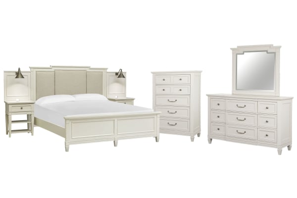 Willowbrook - California King Upholstered Wall Panel Bed, 2 Nightstands, Drawer Dresser With Landscape Mirror And Drawer Chest - Egg Shell White