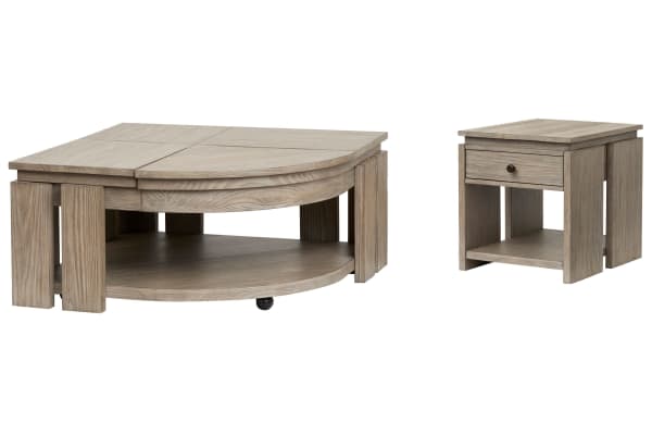 Conrad - Pie Shaped Lift Top Cocktail Table With End Table - Stone Harbor Gray