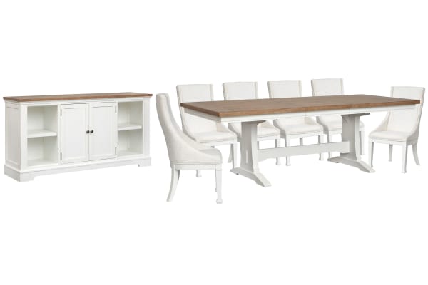 Kingston - Extendable Trestle Dining Table With 6 Host Chairs And Credenza - Whisper White And Cerused Nutmeg