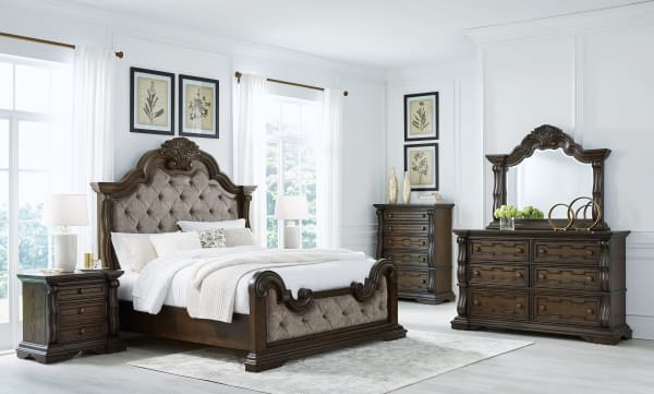 Maylee - Dark Brown - 6 Pc. - Dresser, Mirror, Chest, California King Upholstered Bed